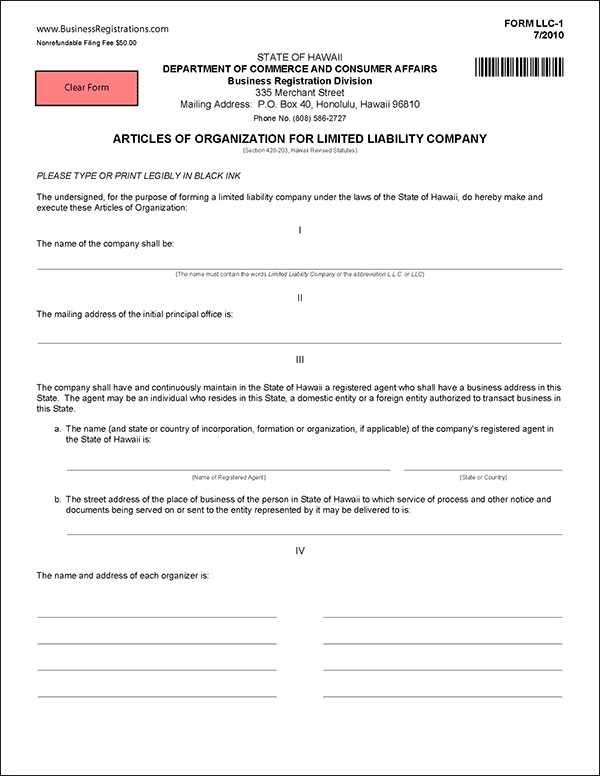 Hawaii LLC Formation Document