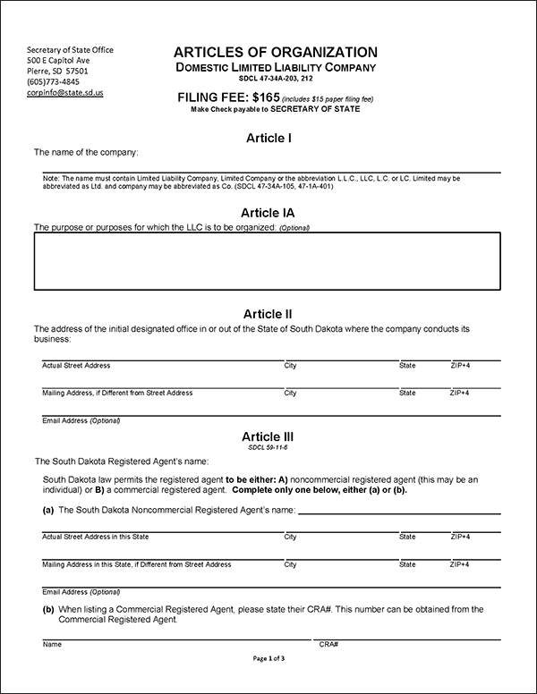South Dakota LLC Formation Document