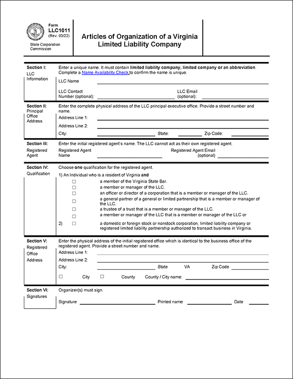 Virginia LLC Formation Document