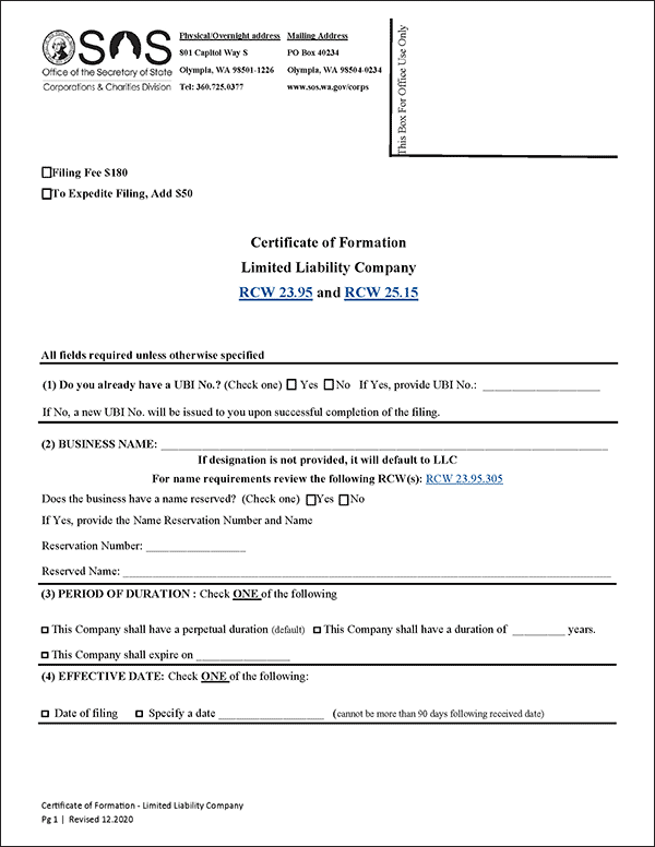 Washington LLC Formation Document