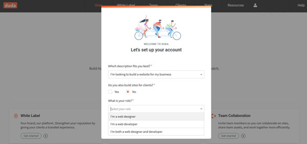 screenshot of Duda sign up