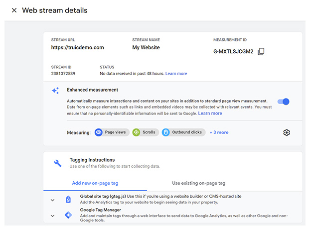 Google Analytics web stream details.