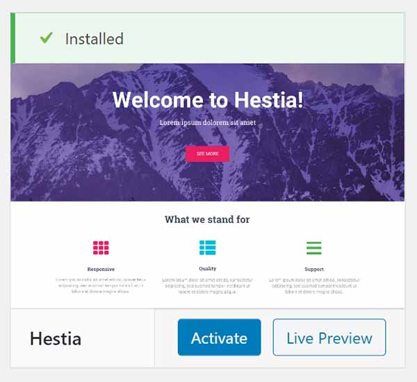 WordPress Hestia theme installed.