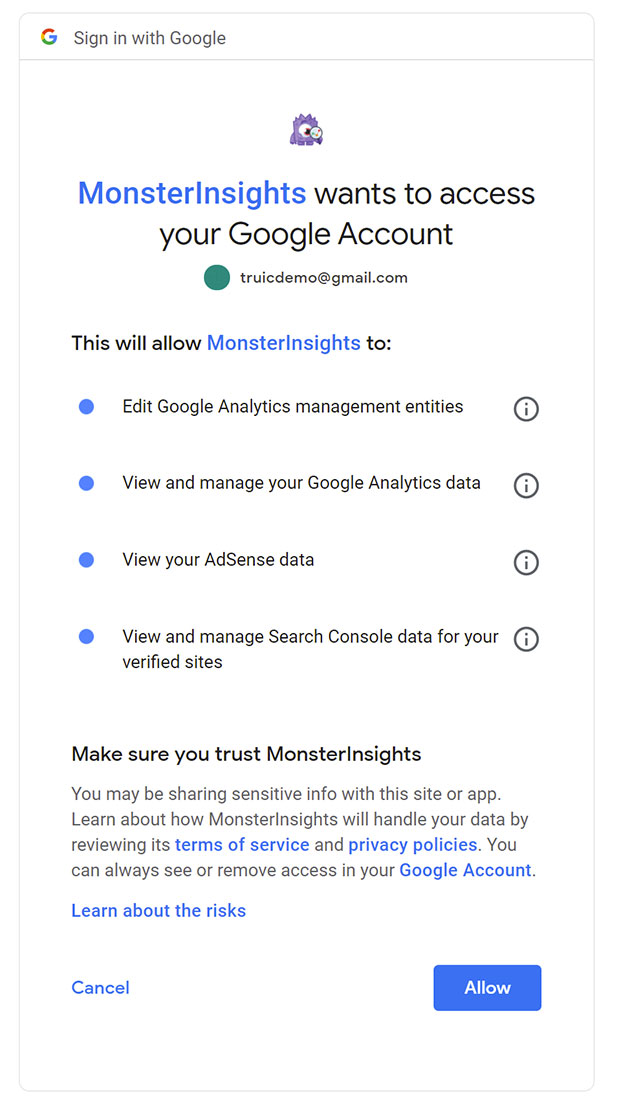 Allow MonsterInsights access to your Google account.