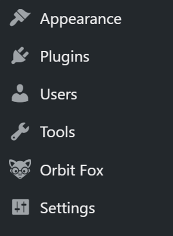 WordPress OrbitFox in dashboard panel.