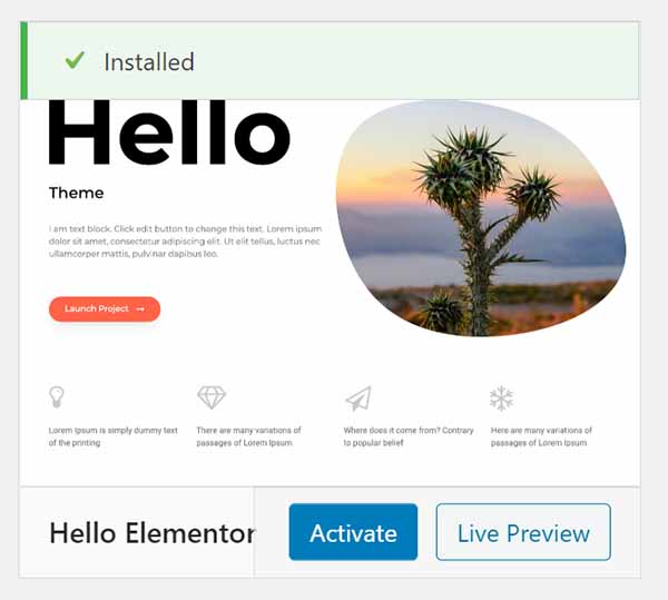 WordPress Hello Elementor theme installed.