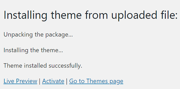 WordPress installing theme from upload file loading screen with links.