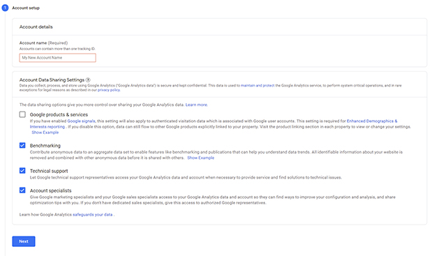 Google Analytics account details.