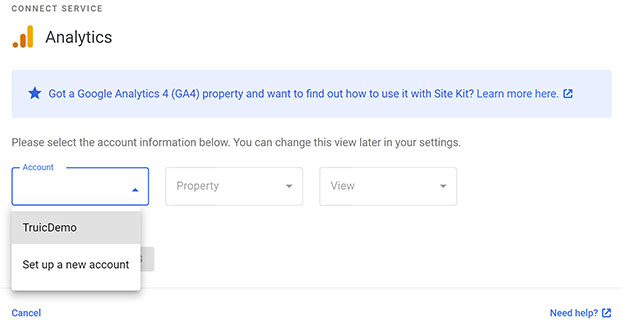 Google Analytics choose account.
