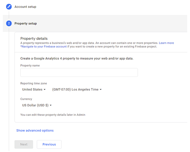Google Analytics account setup.