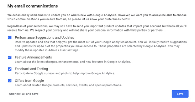 Google Analytics communication preferences.