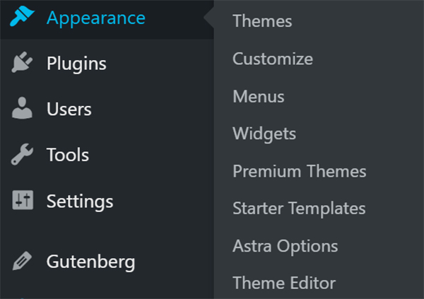 WordPress dashboard Appearance tab.