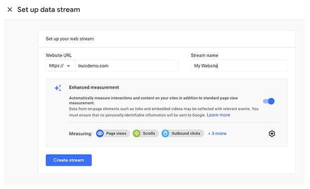 Google Analytics set up data stream.