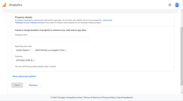 Google Analytics property details screen.
