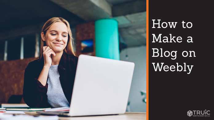 Person creating website on computer. Text to the right reads, How to make a blog on Weebly.