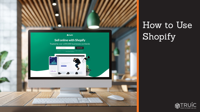 Desktop with Shopify webpage that says, “Sell online with Shopify.”