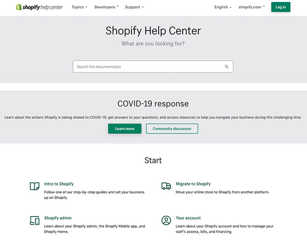 Screenshot of how to get help on Shopify.