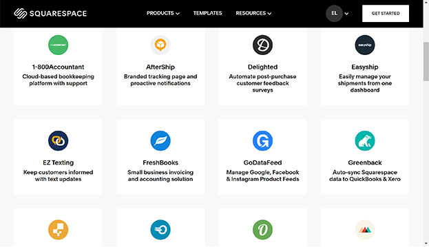 Screenshot of the different extensions available with the Squarespace Website Builder.