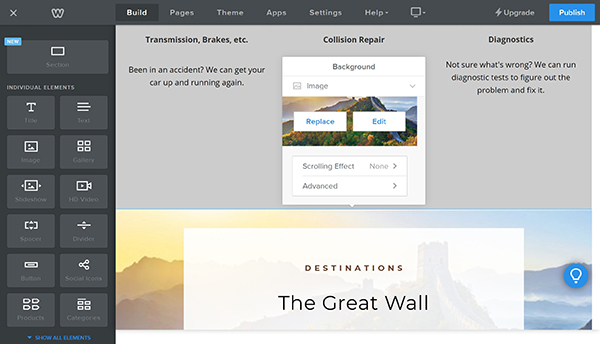 Weebly website builder about section editing options