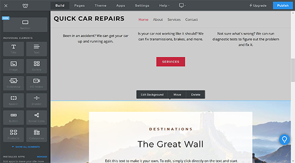 Weebly website builder about section editing options
