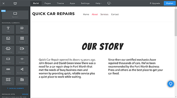Weebly website builder about page editing options