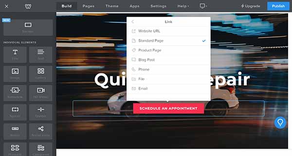 Weebly website builder CTA button link type options