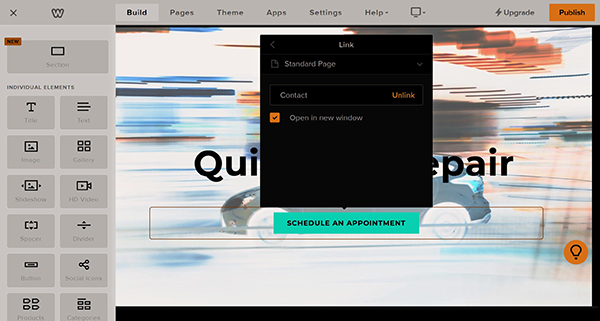 Weebly website builder CTA button link editing options with inverted colors