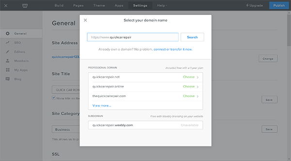 Weebly website builder general settings window with domain selection popup