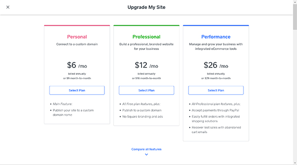 Weebly website builder service plan selection screen