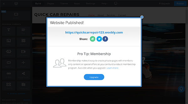Weebly website builder publish website popup