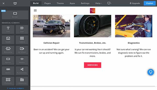 Weebly website builder build page editing options with custom button