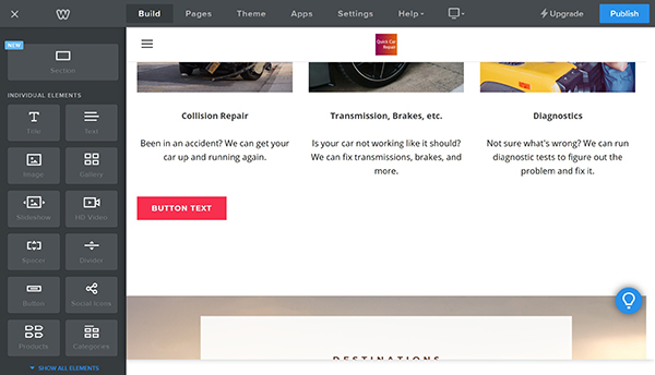 Weebly website builder build page editing options with new button