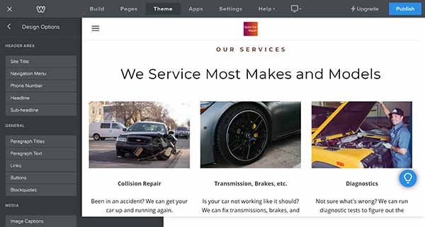 Weebly website builder editing options for services page template