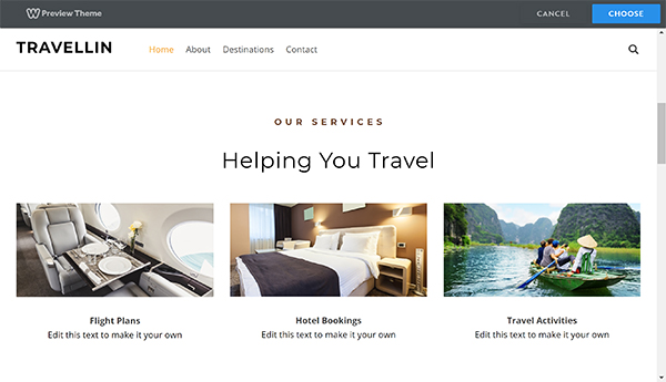 Weebly website builder Travellin home screen preview