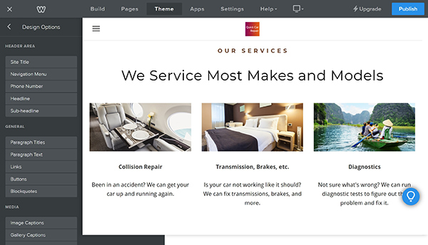 Weebly website builder editing options for services page template