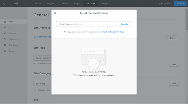 Weebly website builder general settings window with domain selection popup