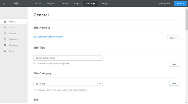 Weebly website builder general settings screen