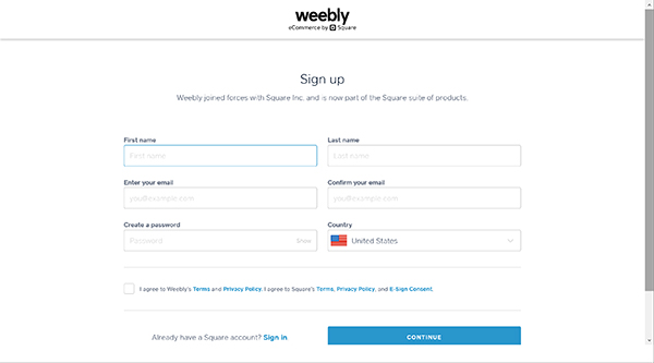 Weebly website builder signup screen
