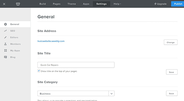 Weebly website builder general site settings screen