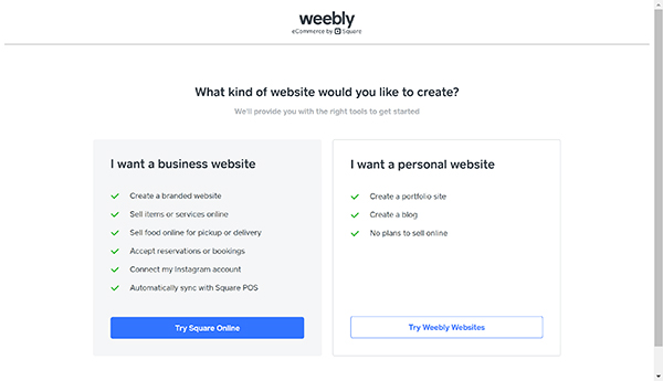 Weebly website builder type of website option screen