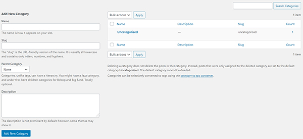 WordPress Add New Category option window.