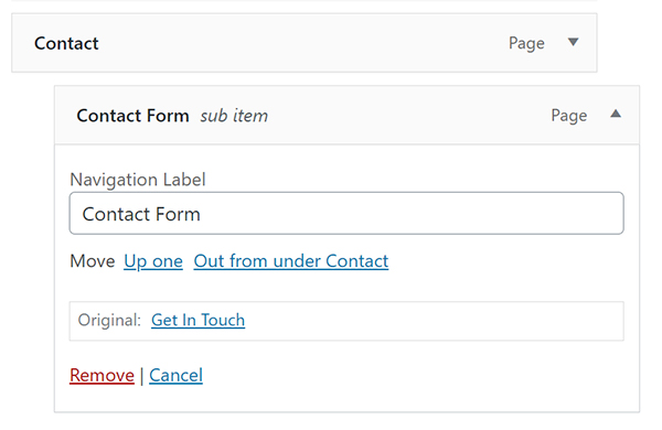 WordPress contact form edit options.
