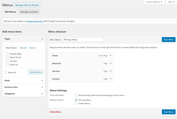 WordPress menu editing screen.