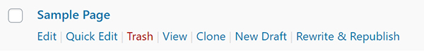 WordPress sample page edit option links.