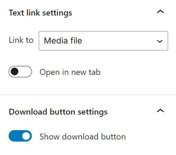 WordPress text link settings window.