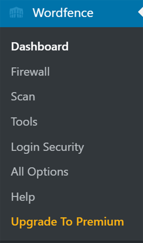 WordPress Wordfence dashboard options.