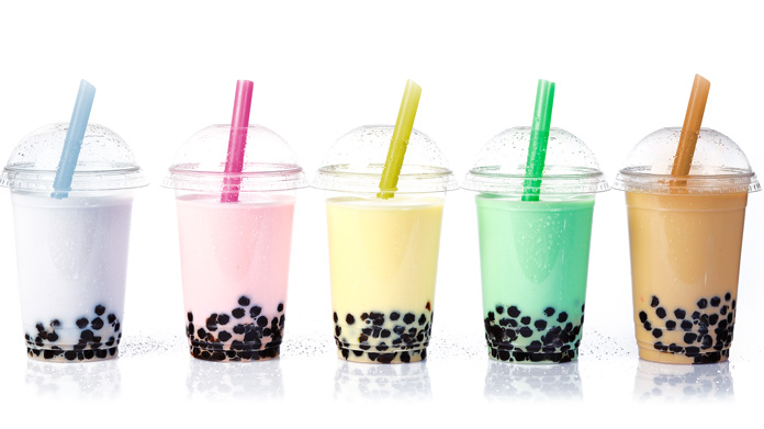 Five cups of different flavored bubble tea