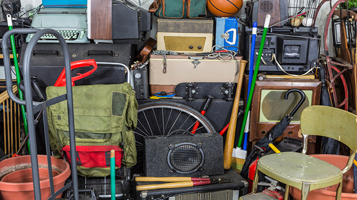 A wall of junk items