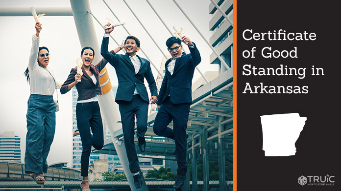 Business people on bridge celebrating certificate of good standing.