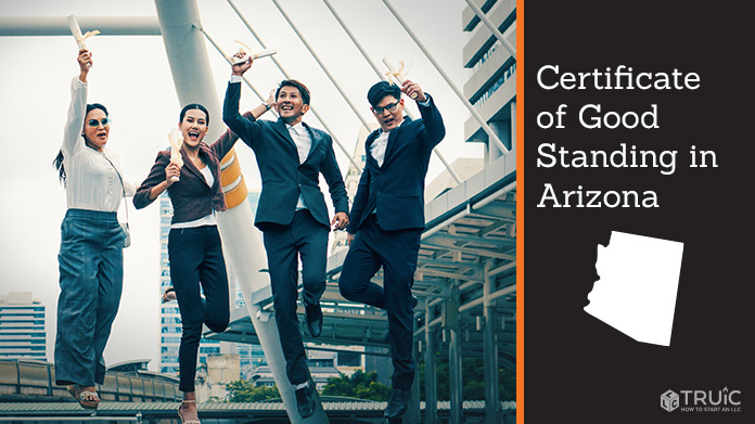 Business people on bridge celebrating certificate of good standing.